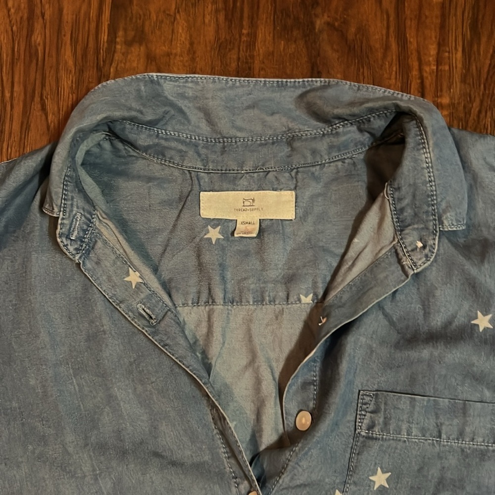 Denim Short Sleeve Shirt With Stars And Fringe At Bottom - Picture 2 of 5